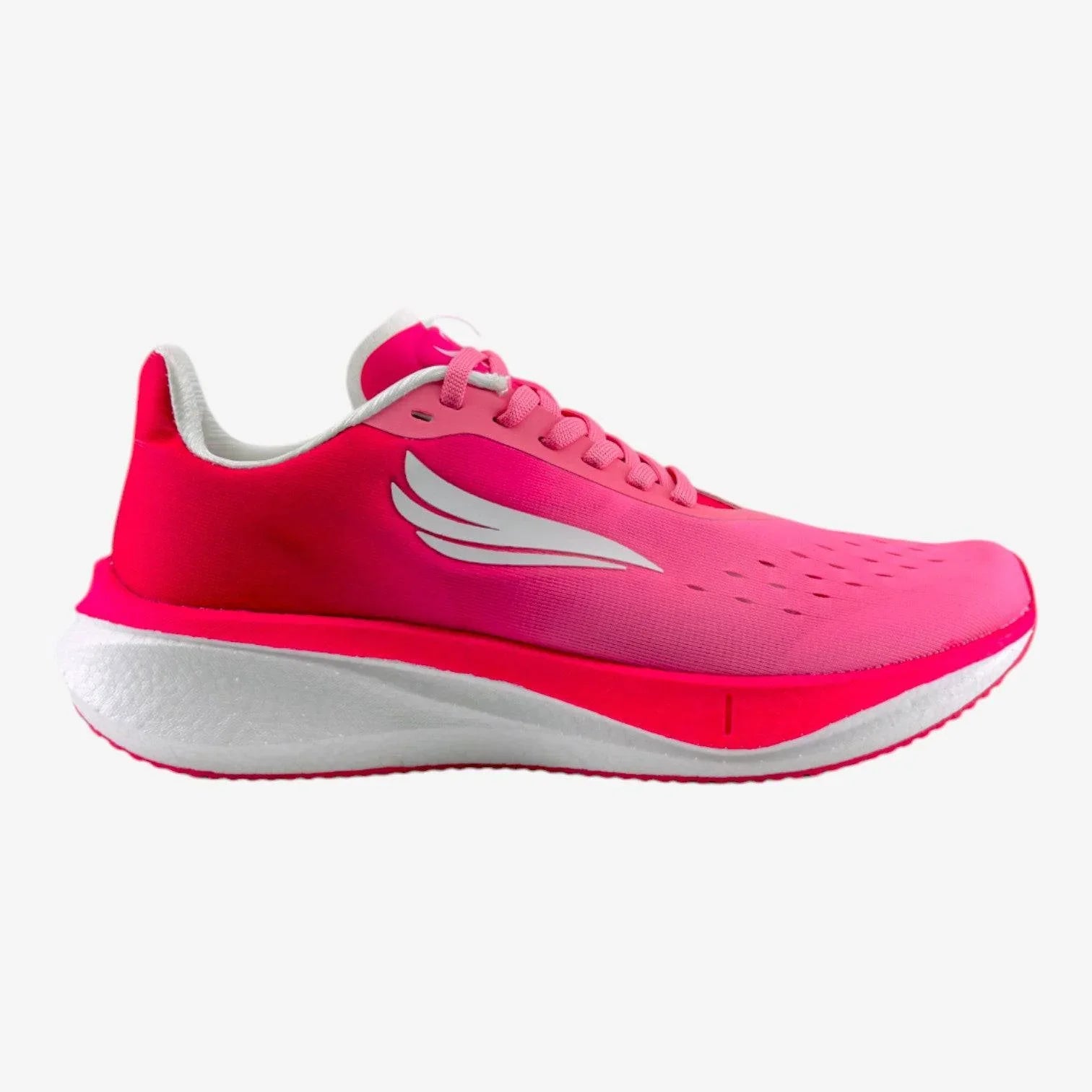 Women's bright pink running shoe with white wing design and cushioned sole on white background
