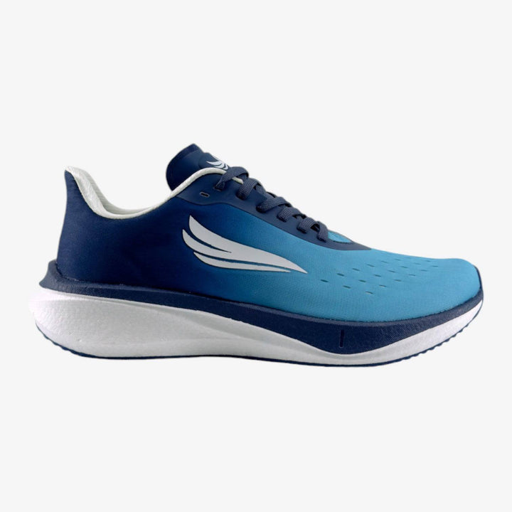 Blue men's running shoe with white sole and athletic wing design on the side