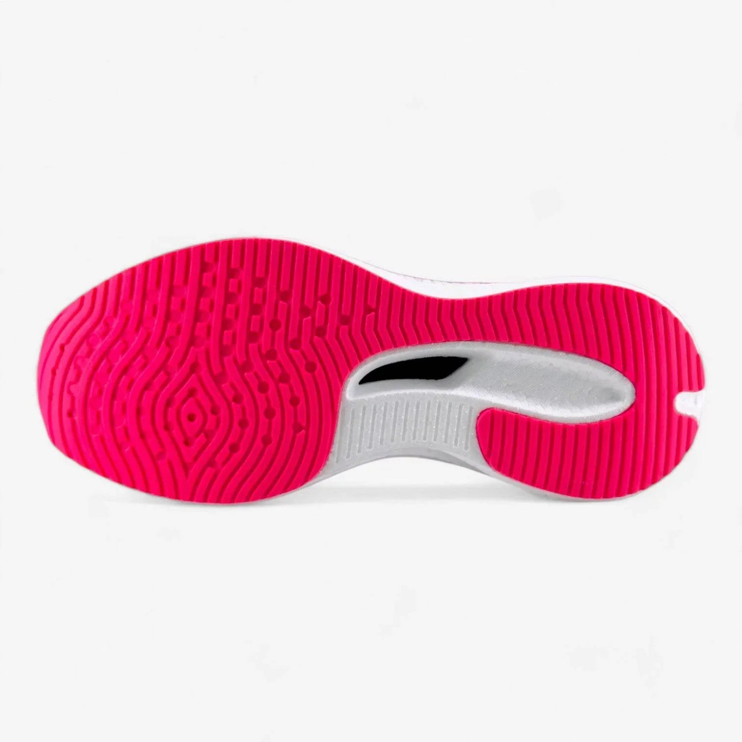 Pink and white women's running shoe outsole with textured rubber grip on white background