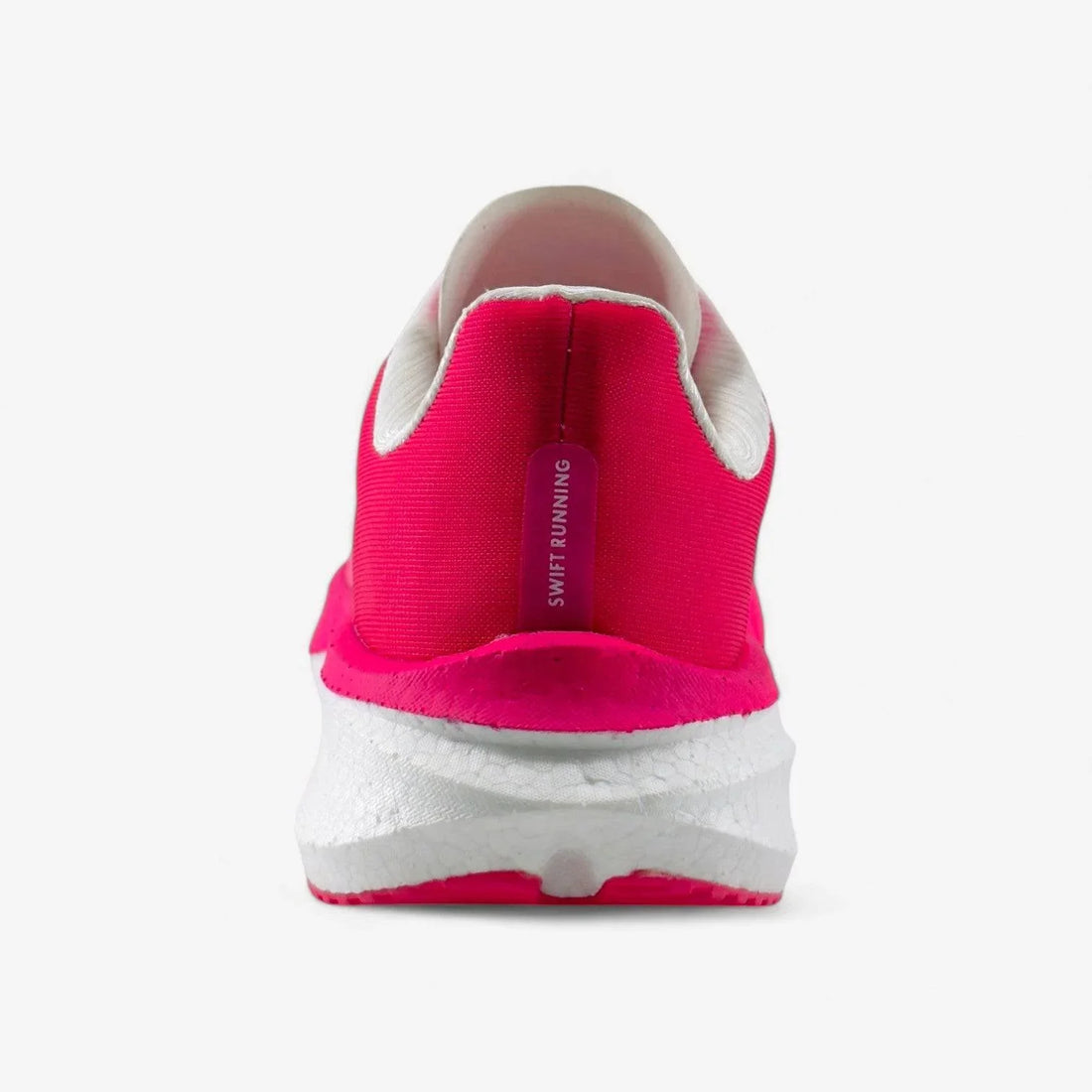 Rear view of pink athletic women's running shoe with white sole and 'SWIFT RUNNING' label.