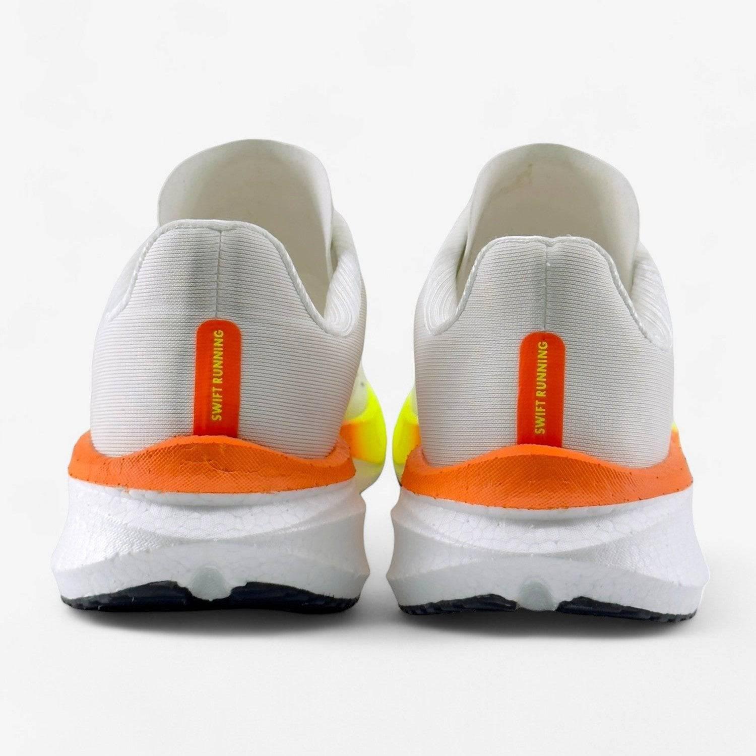 Rear view of white women's running shoes with orange and yellow accents, Swift Running label