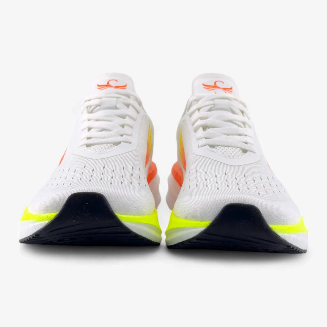 White women's running shoes with yellow and orange accents, front view on white background