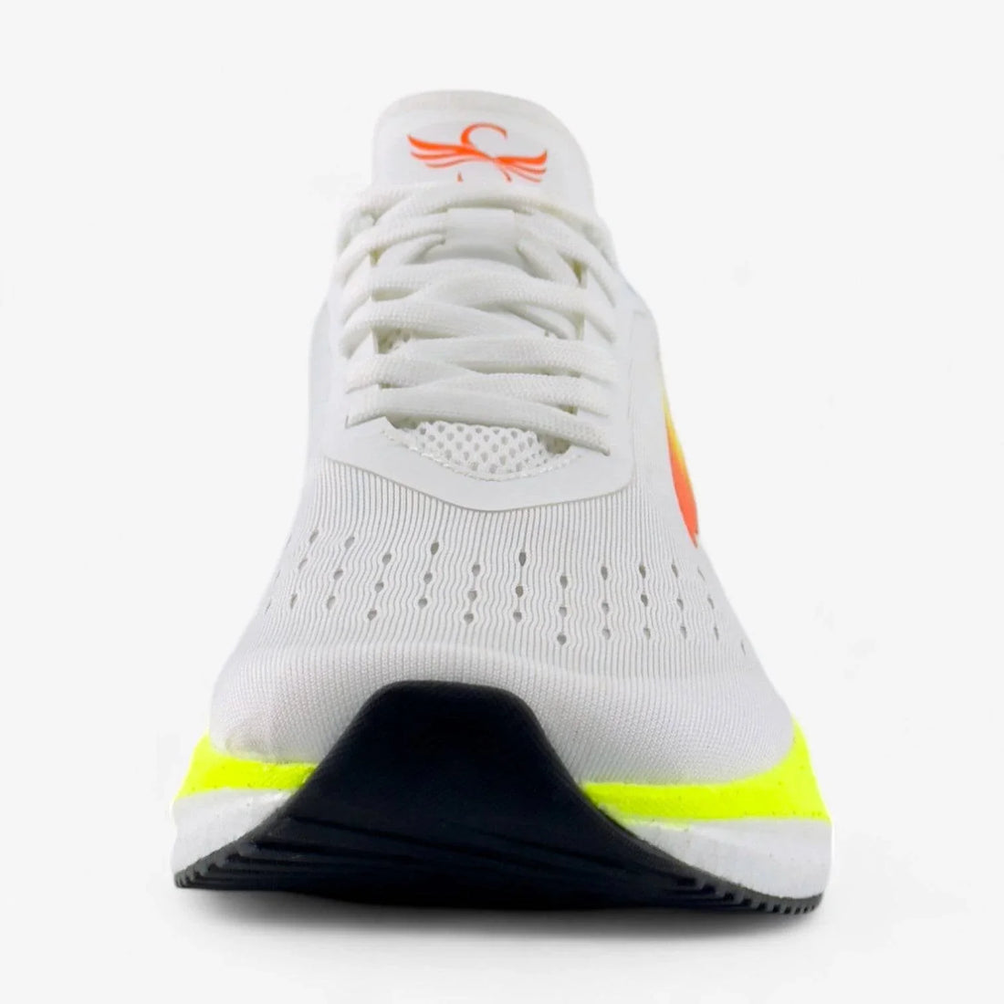 White women's running shoe with mesh upper, orange detail, and neon yellow sole accent, front view