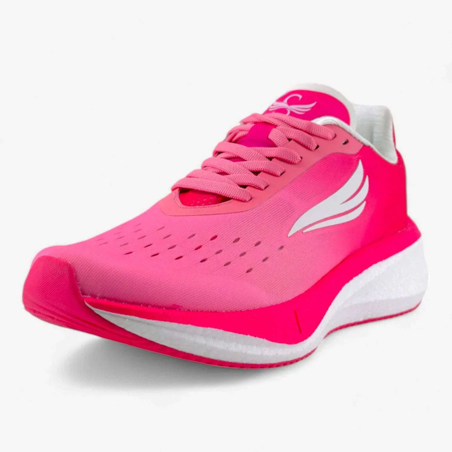 Bright pink women's running shoe with white sole and wing logo, lightweight athletic sneaker