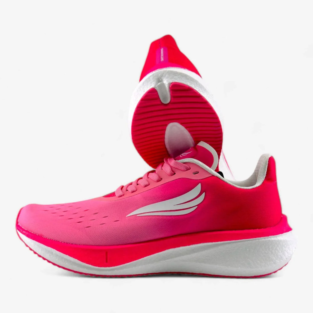 Bright pink women's running shoe with white sole and wing logo, lightweight design