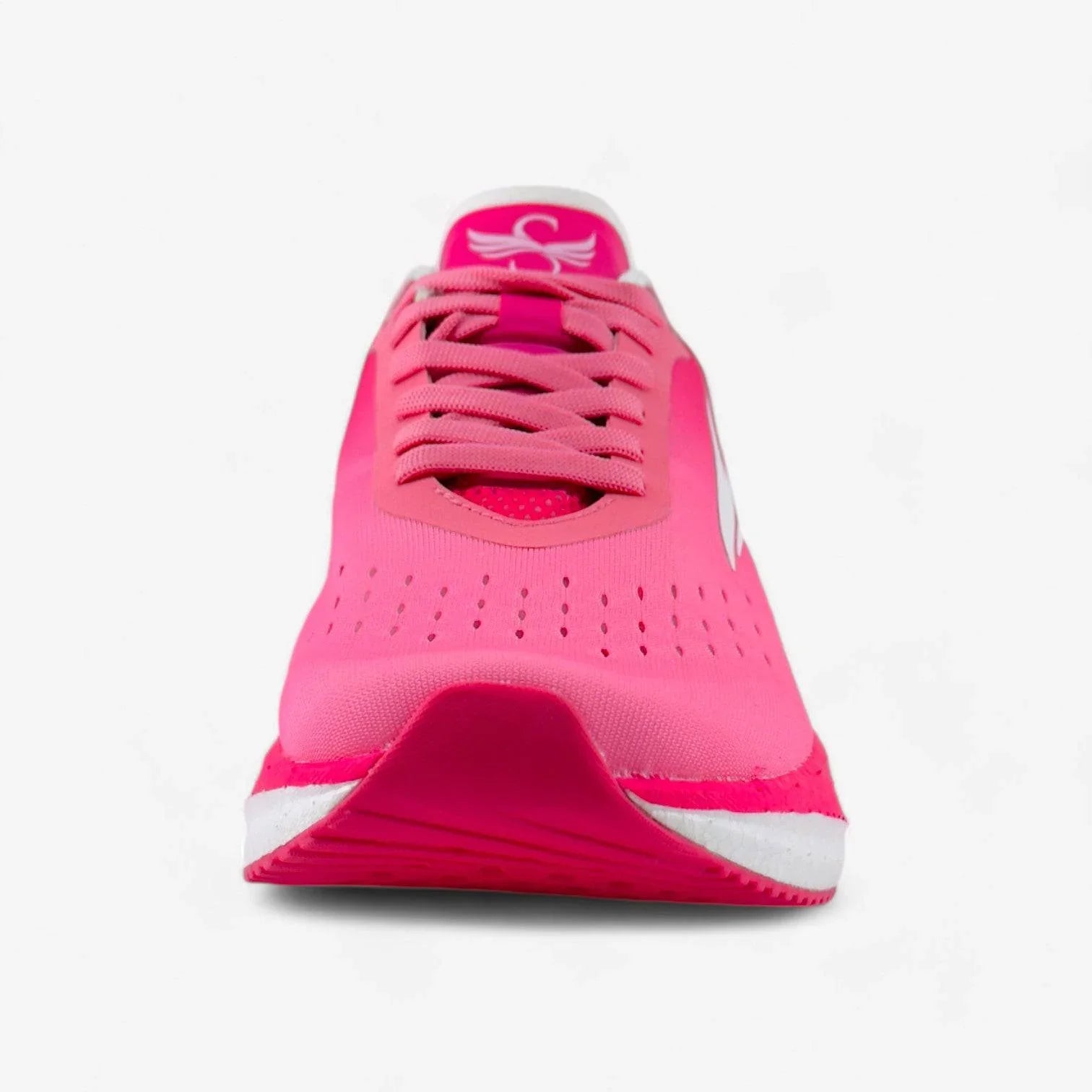 Front view of a pink women's running shoe with laces and white outsole on white background
