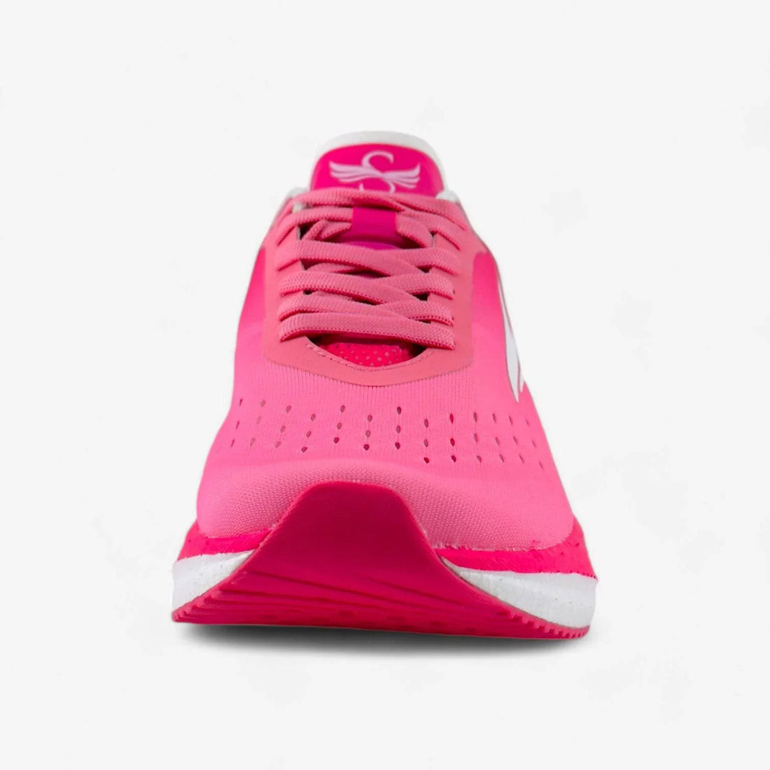 Front view of a pink women's running shoe with laces and white outsole on white background