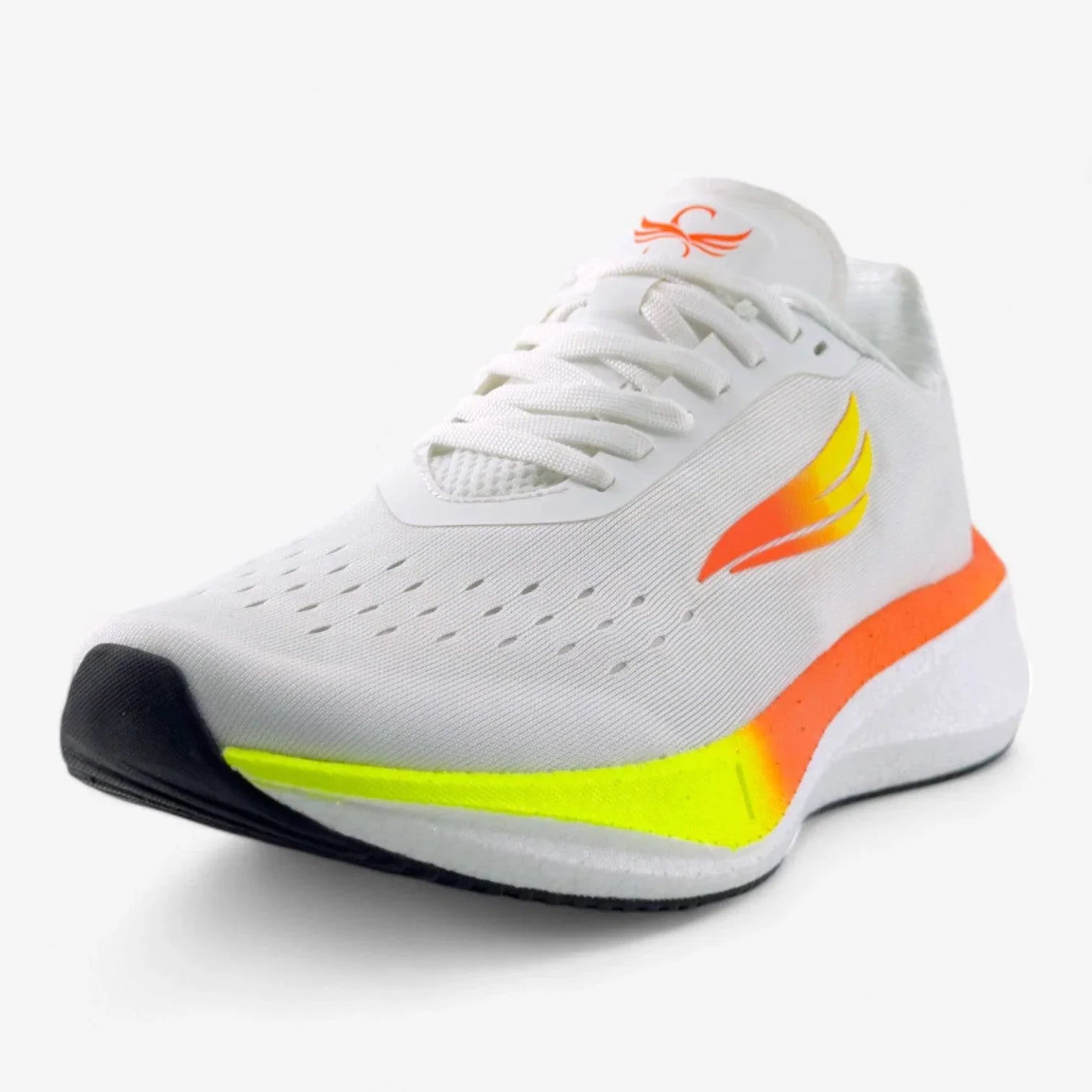 White women’s running shoe with orange and yellow accents, breathable mesh upper, foam sole.