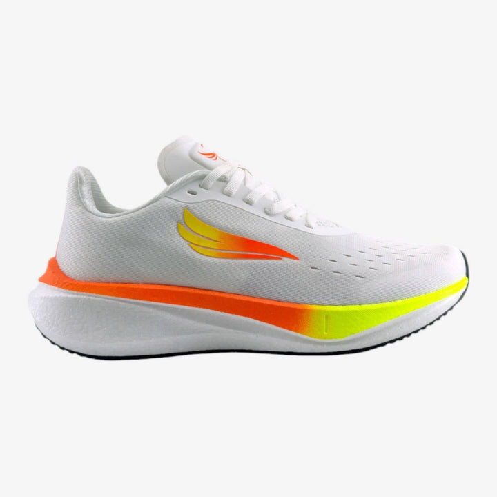 White women's running shoe with yellow and orange accents, lightweight athletic design