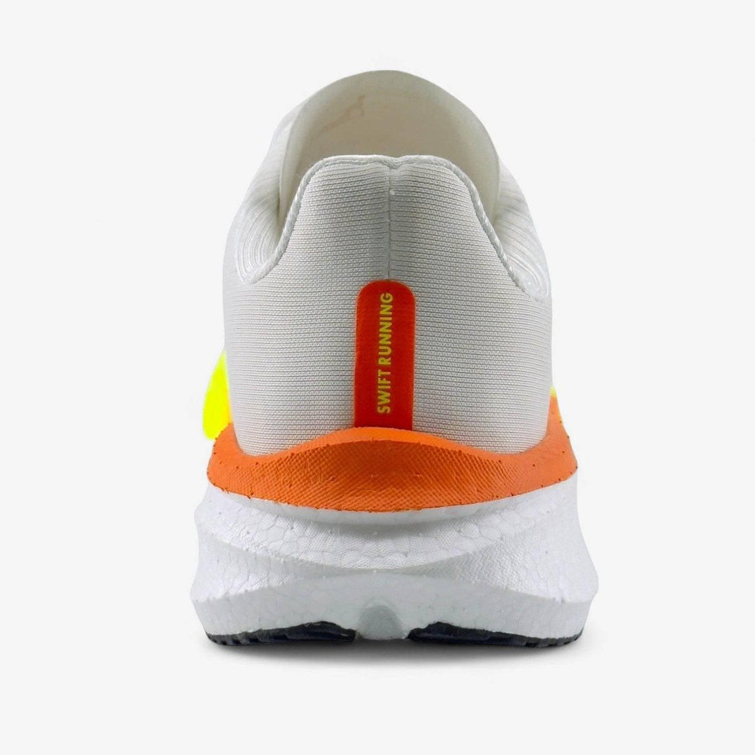 White women's running shoe with orange and yellow accents, rear view, text 'Swift Running' on heel.