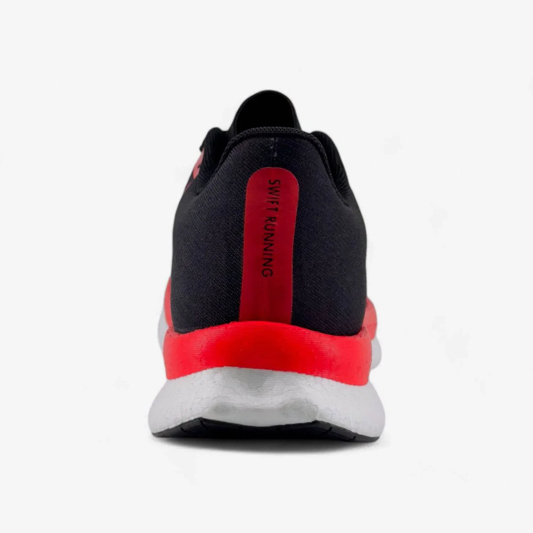 Black and red men's running shoe with white sole, rear view, text 'Swift Running' on heel