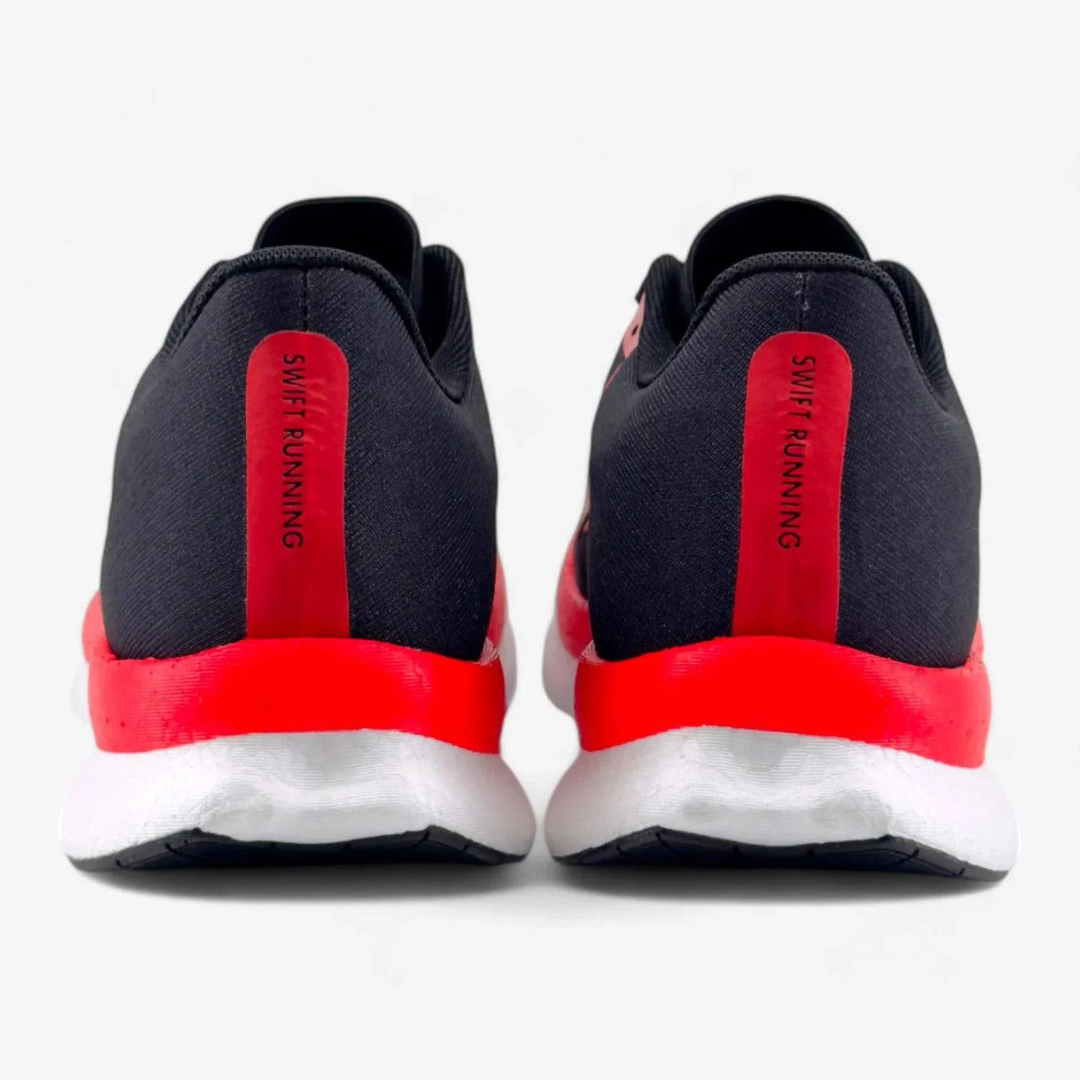 Back view of black and red men's running shoes with Swift Running label, white sole
