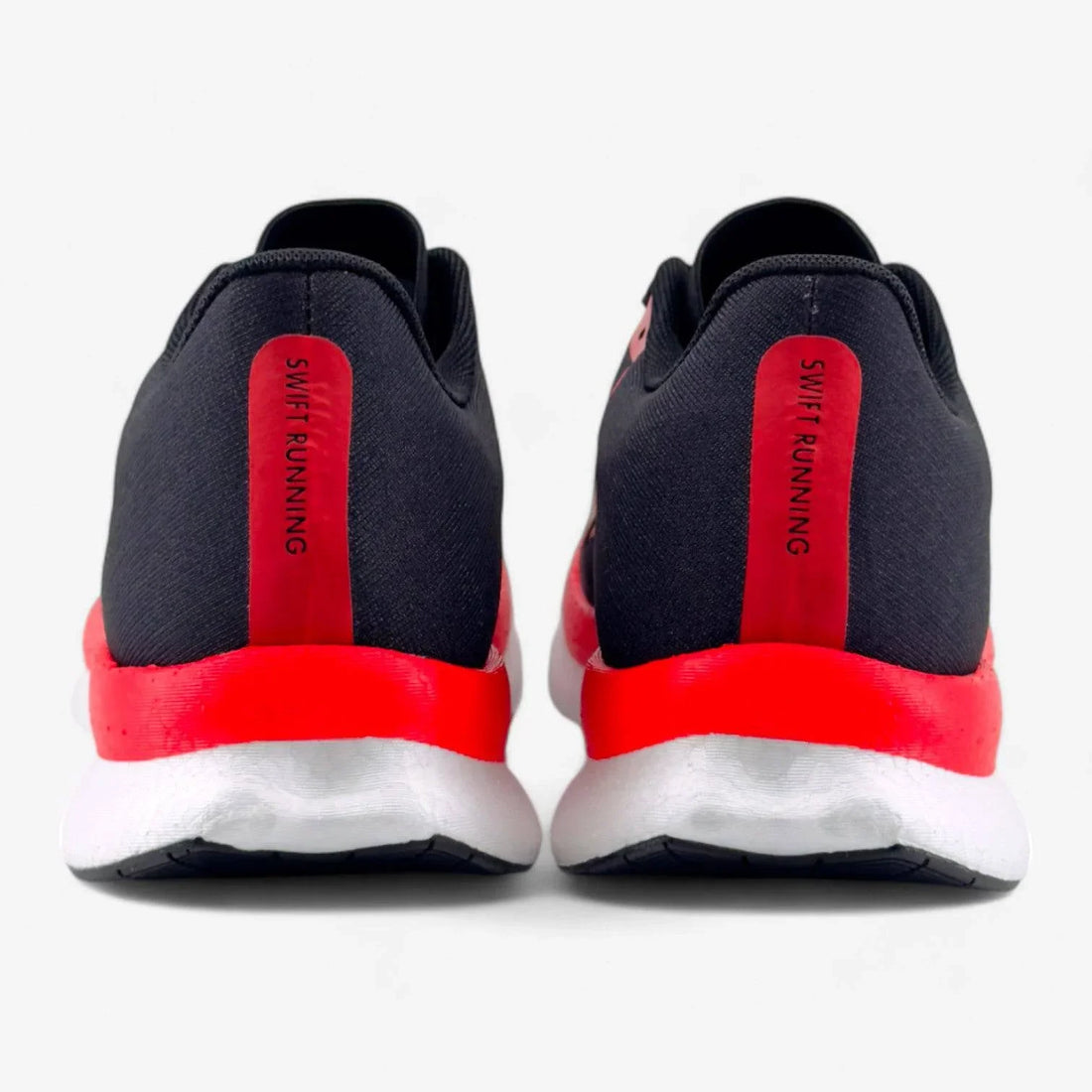 Back view of black and red men's running shoes with Swift Running label, white sole