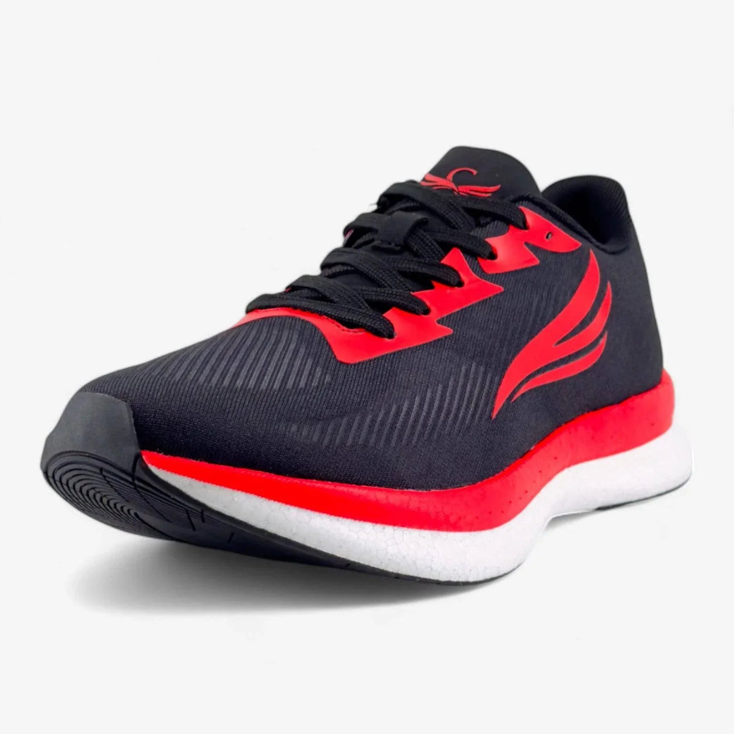 Men's black and red athletic running shoe with cushioned white sole on white background