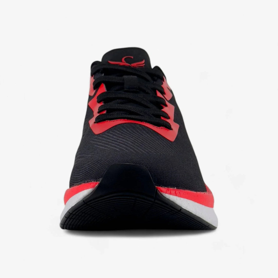 Black and red men's running shoe with black laces, front view on white background