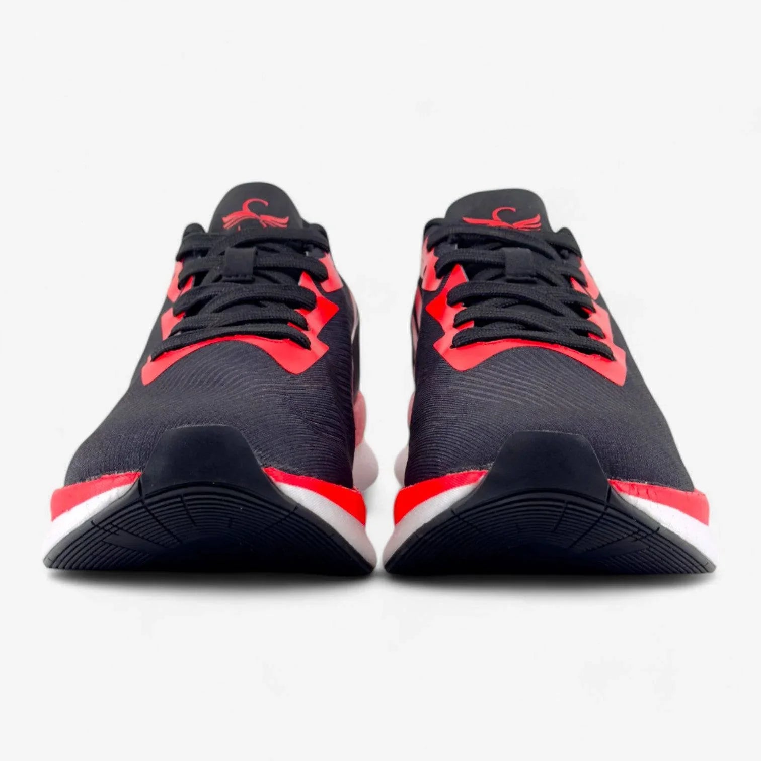 Black and red men's running shoes with white soles, viewed from the front on a white background.
