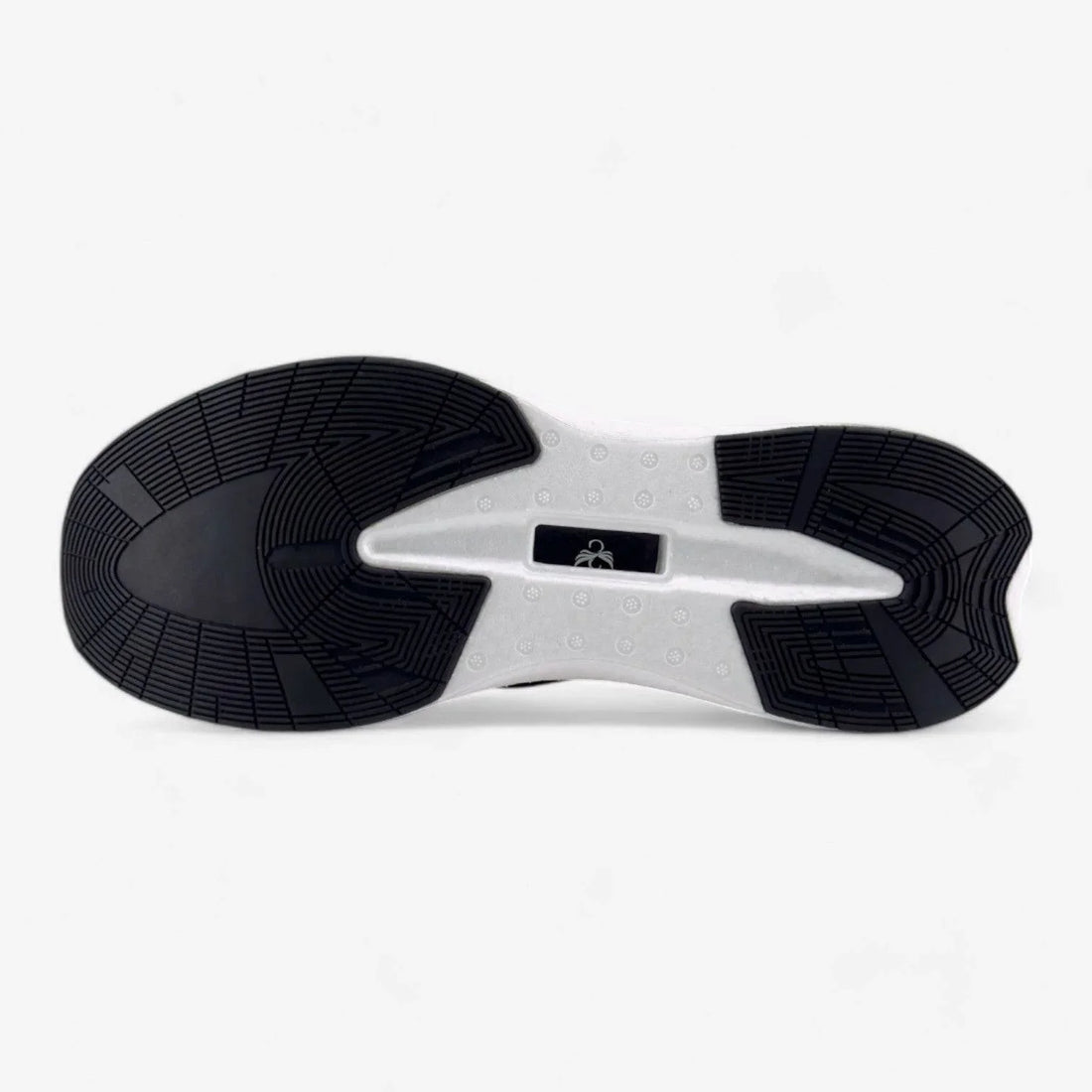 Black and white athletic running shoe sole with grippy textured tread pattern on white background.