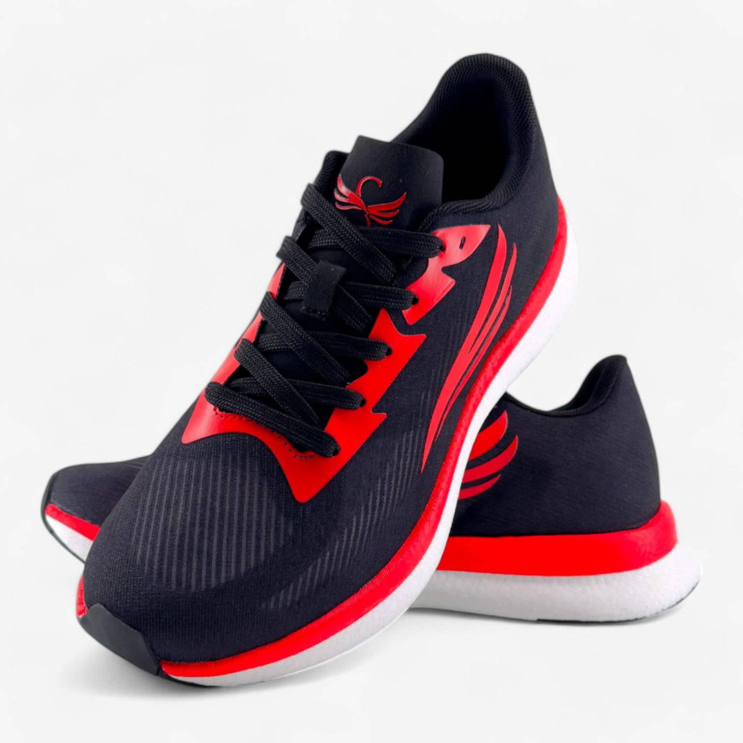 Men's black and red athletic running shoes with white soles, lightweight mesh design