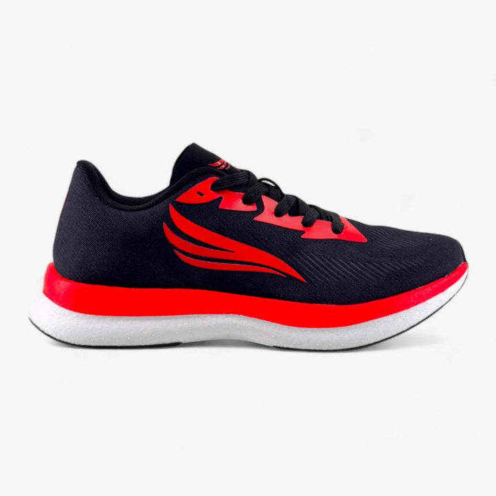 Black and red men's running shoe with wing design on side, athletic footwear on white background