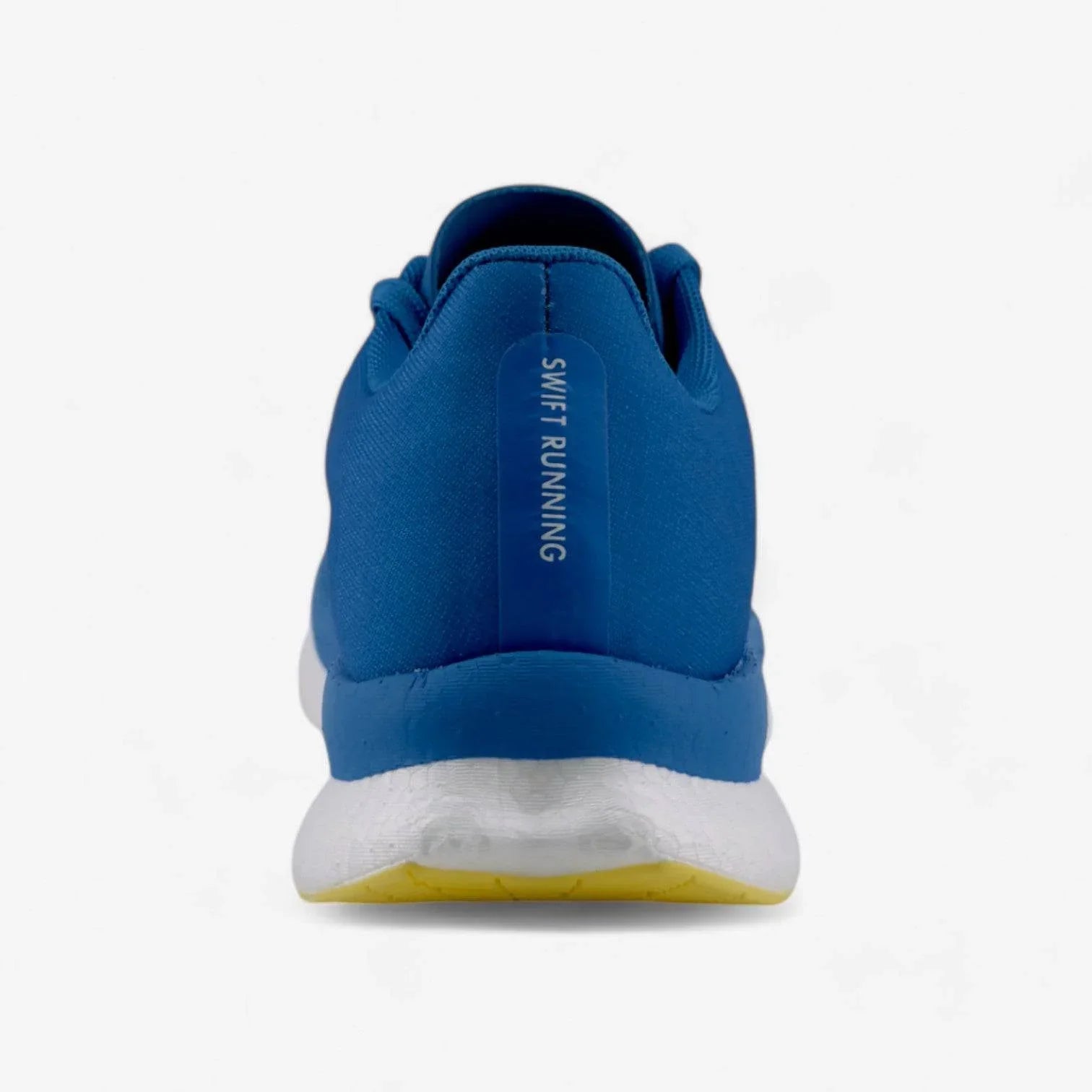 Blue men's running shoe with 'Swift Running' text, white sole, yellow tread, rear view