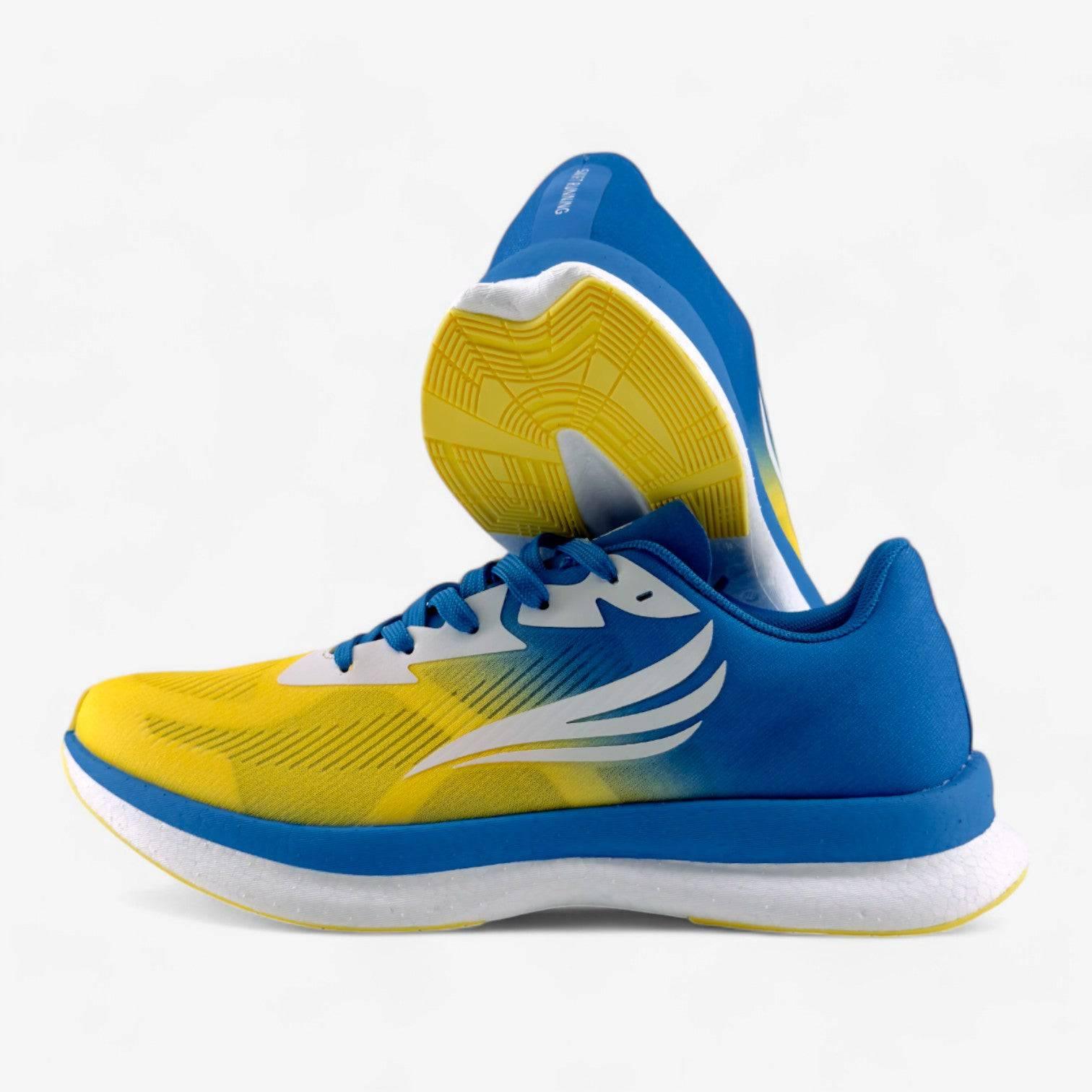 Blue and yellow men's running shoes with white sole and winged design, athletic footwear