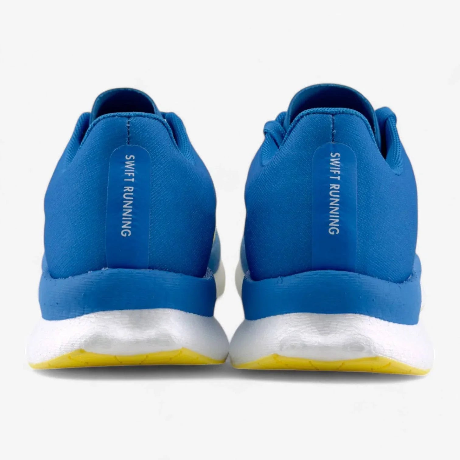 Back view of blue men's running shoes with 'Swift Running' text, white and yellow sole.