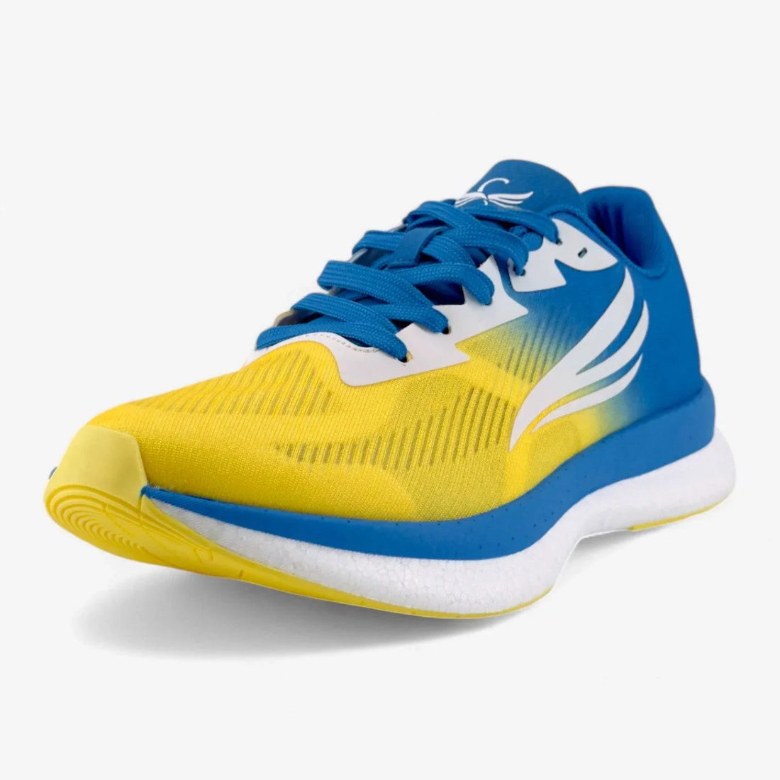 Men's athletic running shoe in blue and yellow with white sole, designed for comfort and performance.