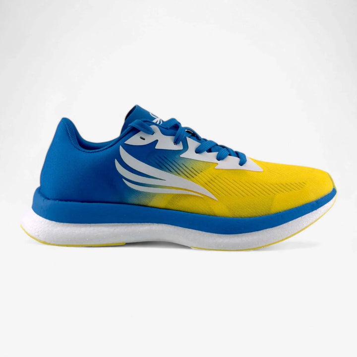 Men's athletic running shoe in blue and yellow with white sole and dynamic side design