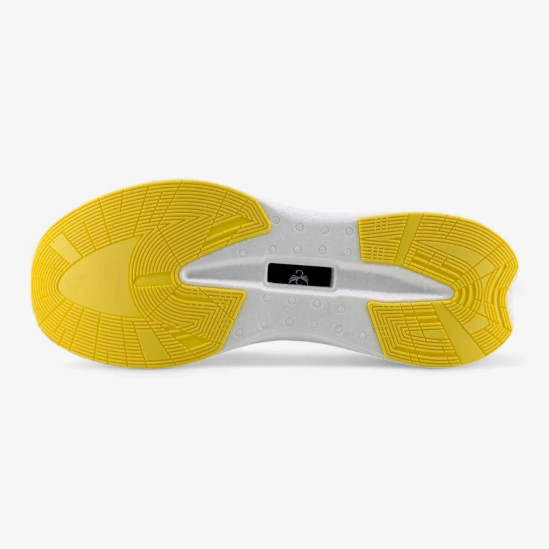 Yellow and white textured rubber outsole of a men's athletic running shoe on a white background.