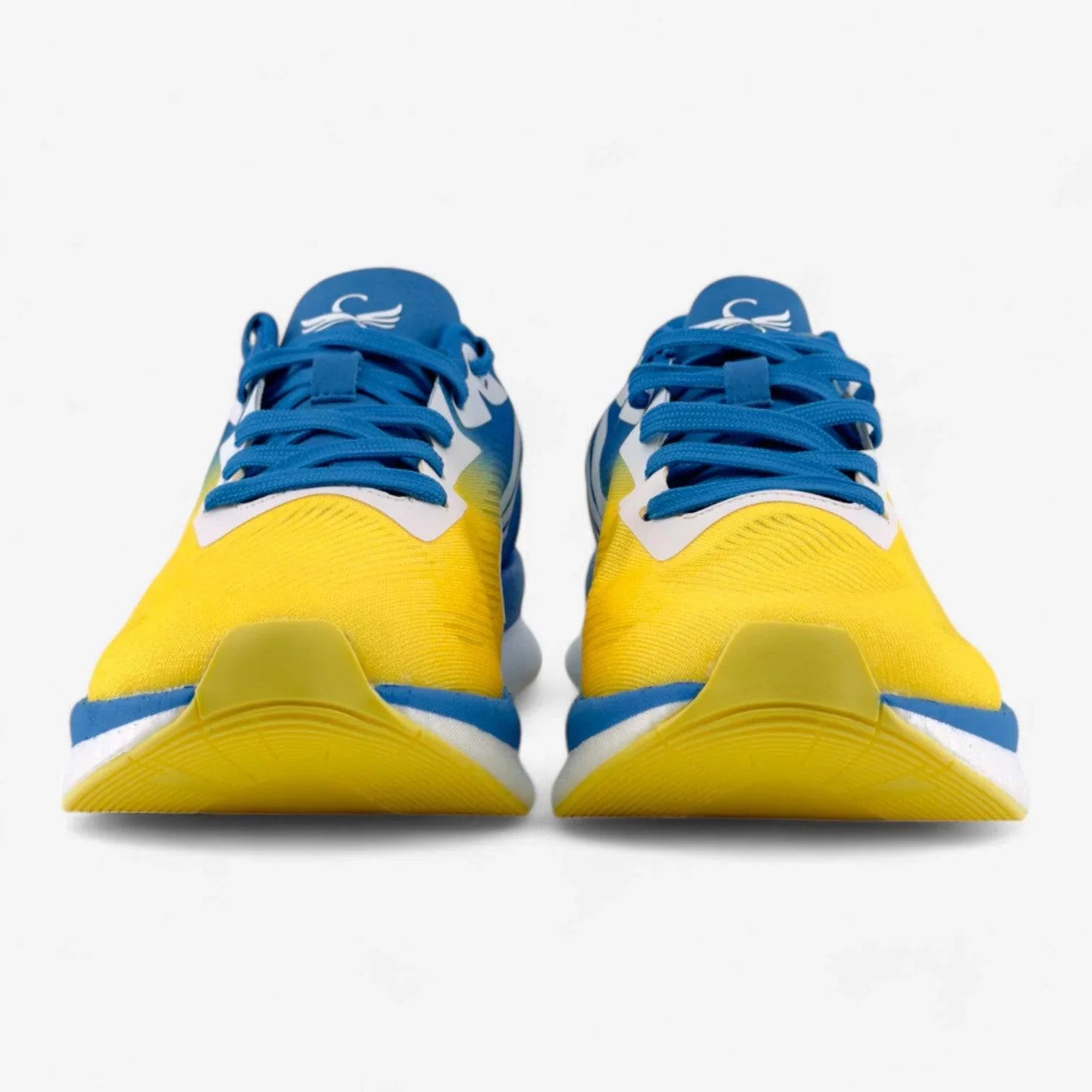 Yellow and blue men's running shoes with white soles, front view, on white background