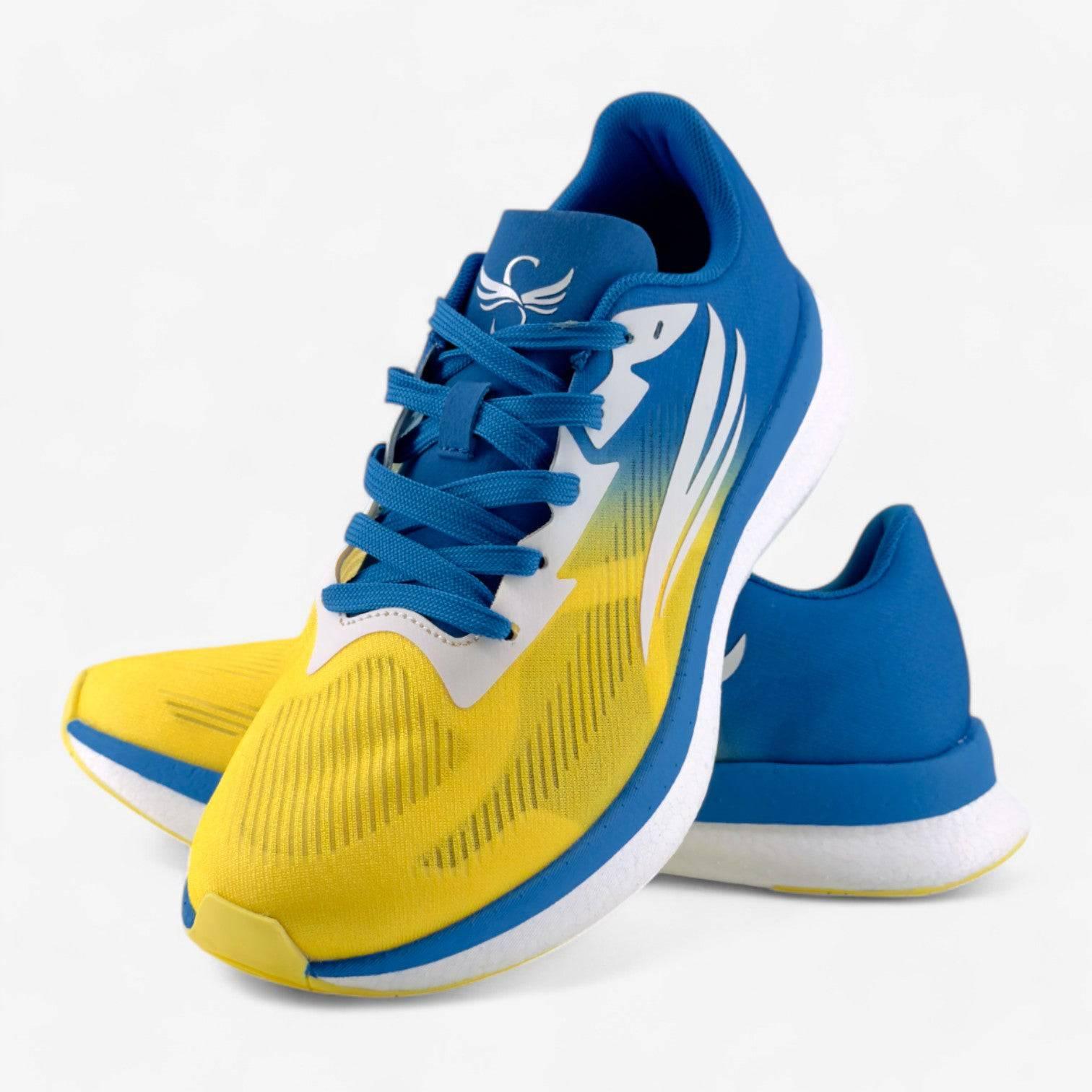 Blue and yellow men's athletic running shoes with white sole and dynamic pattern