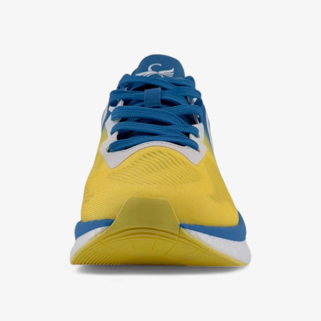 Front view of yellow and blue men’s running shoe with blue laces and white sole