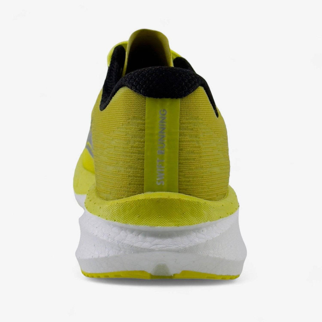 Yellow men's running shoe with black lining, rear view, white sole, and visible heel text.