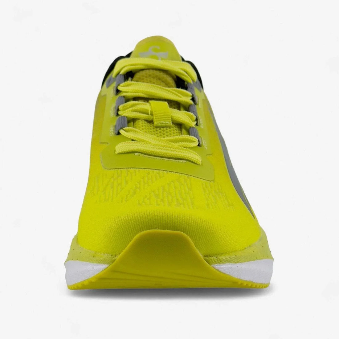 Front view of a bright yellow men's running shoe with mesh upper and yellow laces