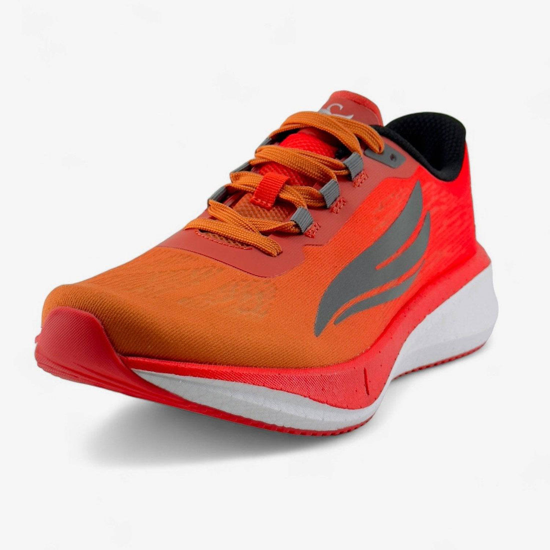 Men's orange athletic running shoe with red and gray accents on a white background