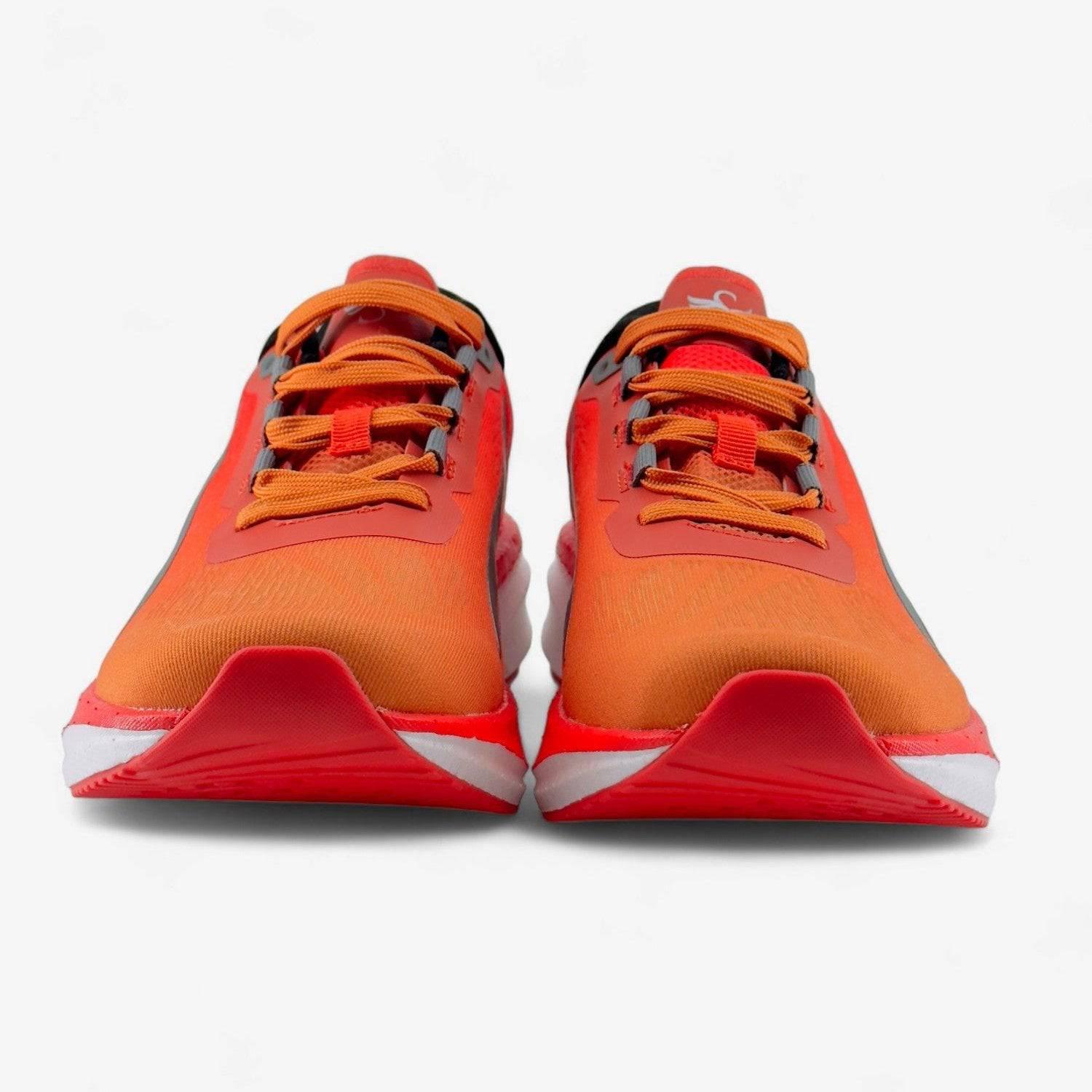 Front view of orange men's running shoes with red and white soles, mesh upper, and laces