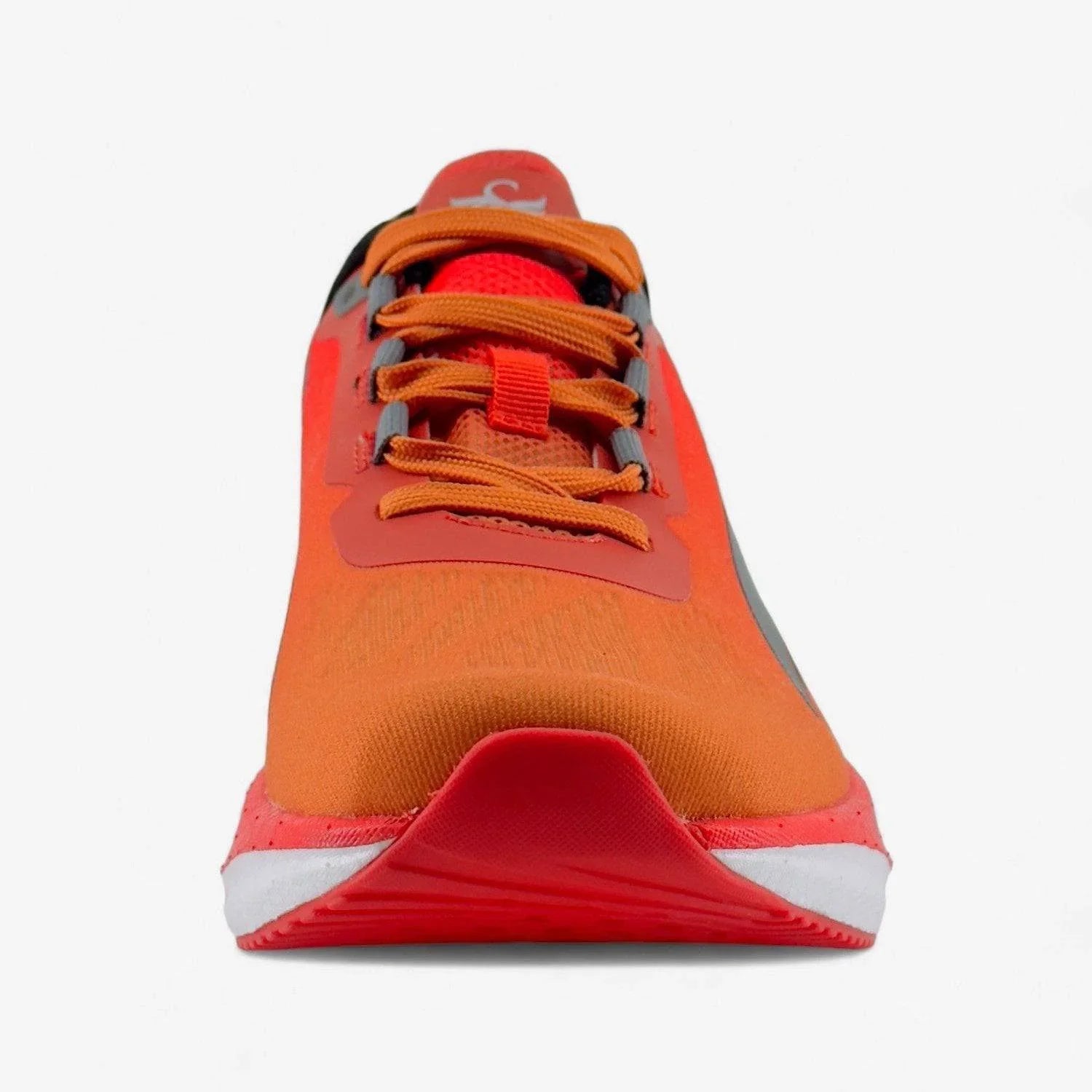 Front view of an orange men's running shoe with red and gray accents on a white background