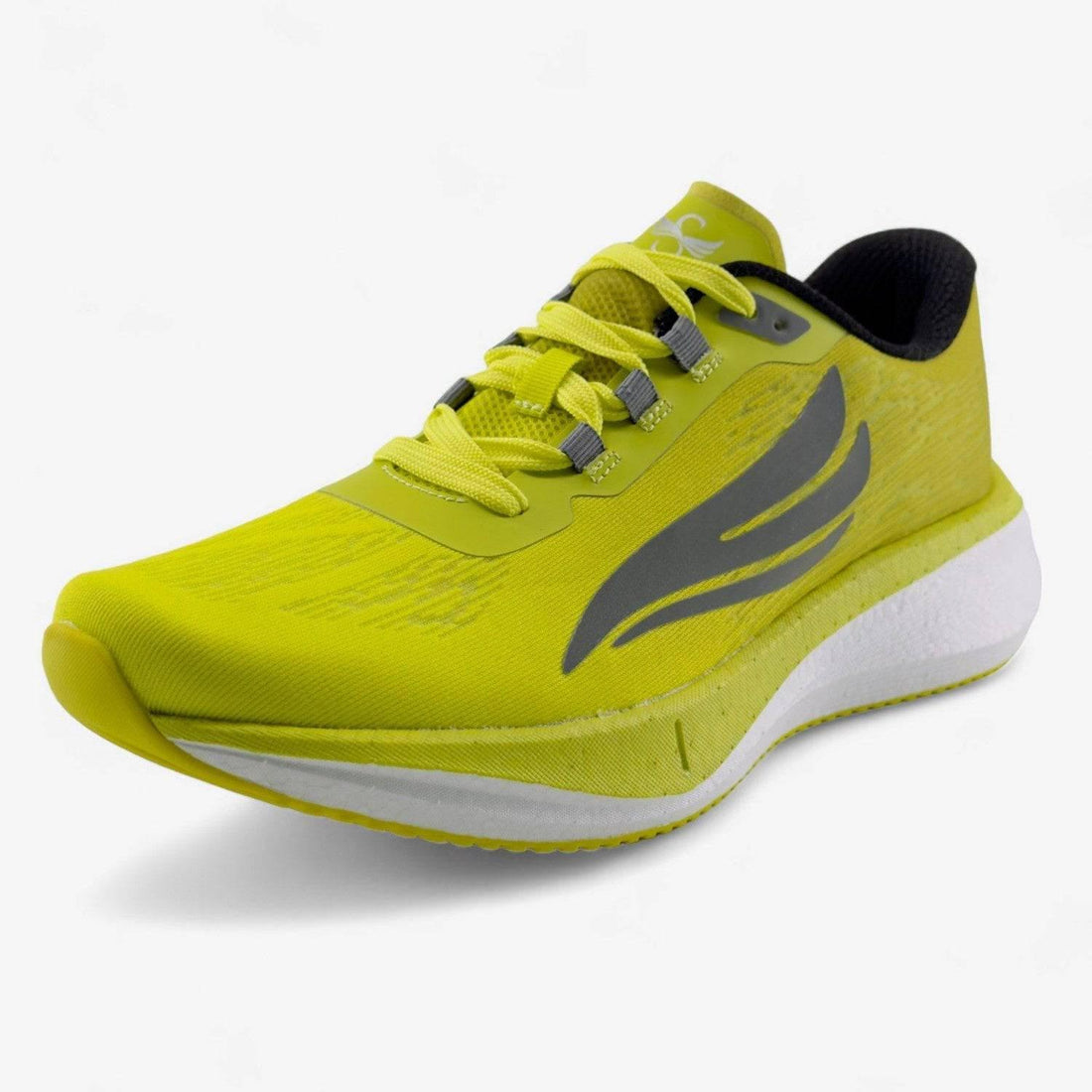 Lime green men's running shoe with gray accents and white cushioned sole on white background