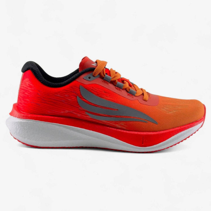 Bright orange men's running shoe with gray logo, lightweight mesh upper, and cushioned white sole