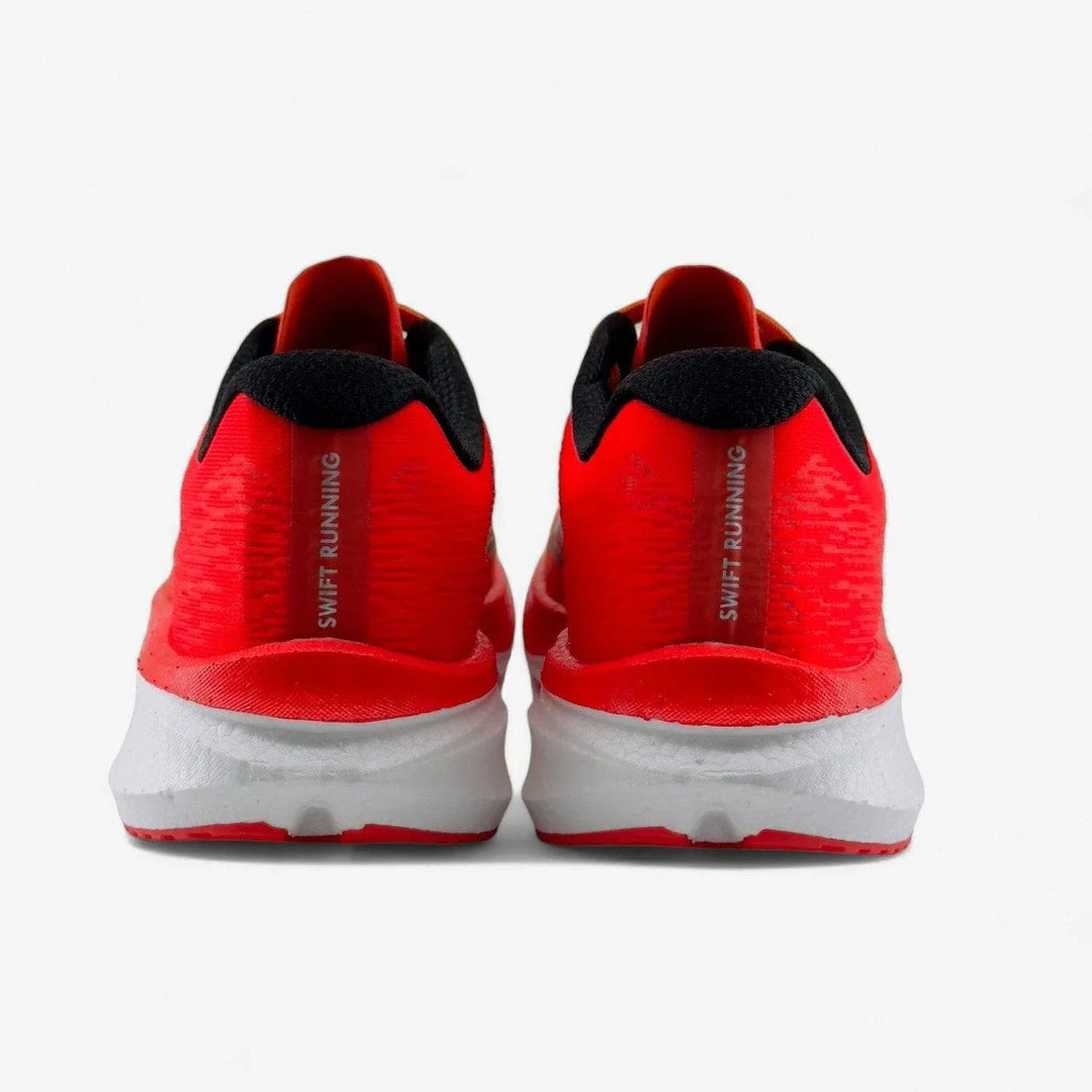 Rear view of red men's running shoes with black accents and 'SWIFT RUNNING' text on heel