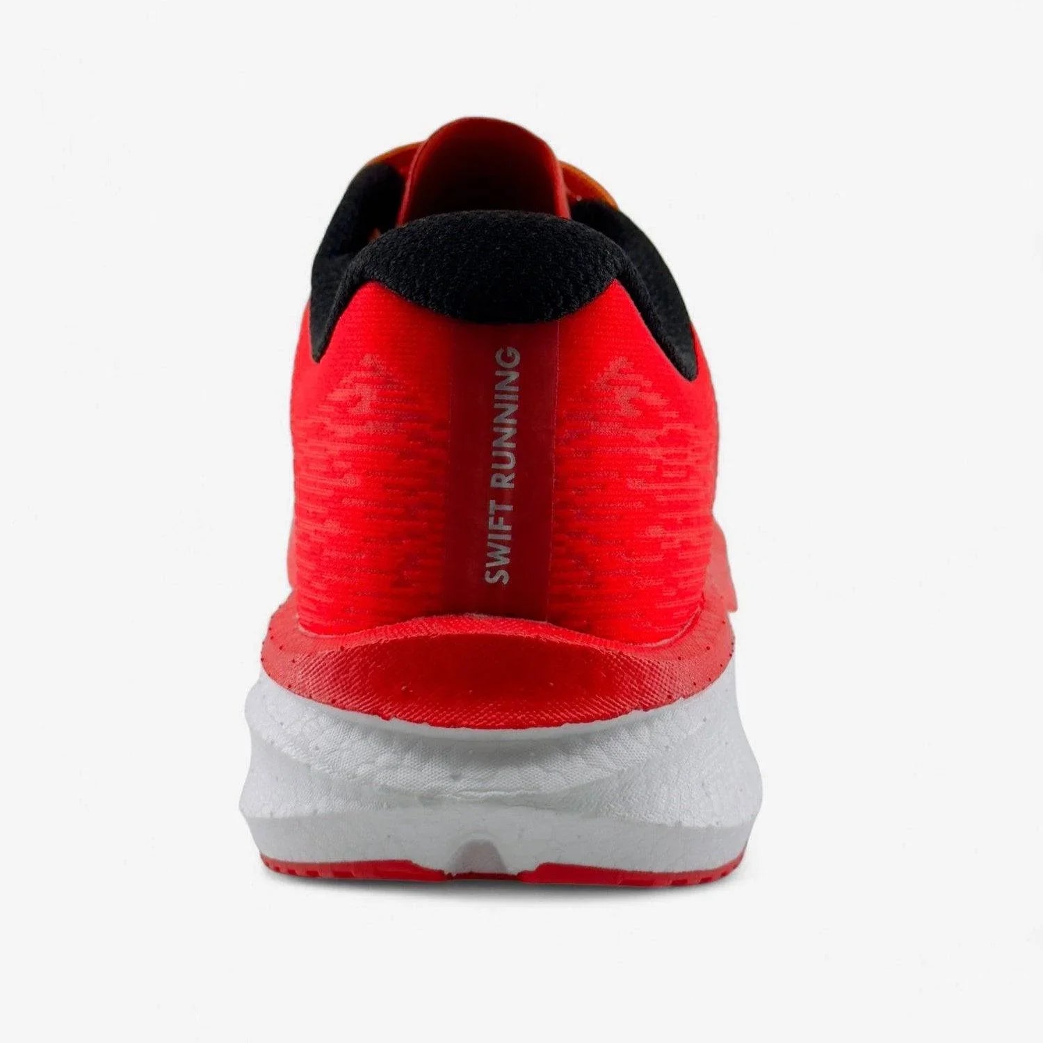 Red men's running shoe with black collar, white sole, and 'Swift Running' on the heel