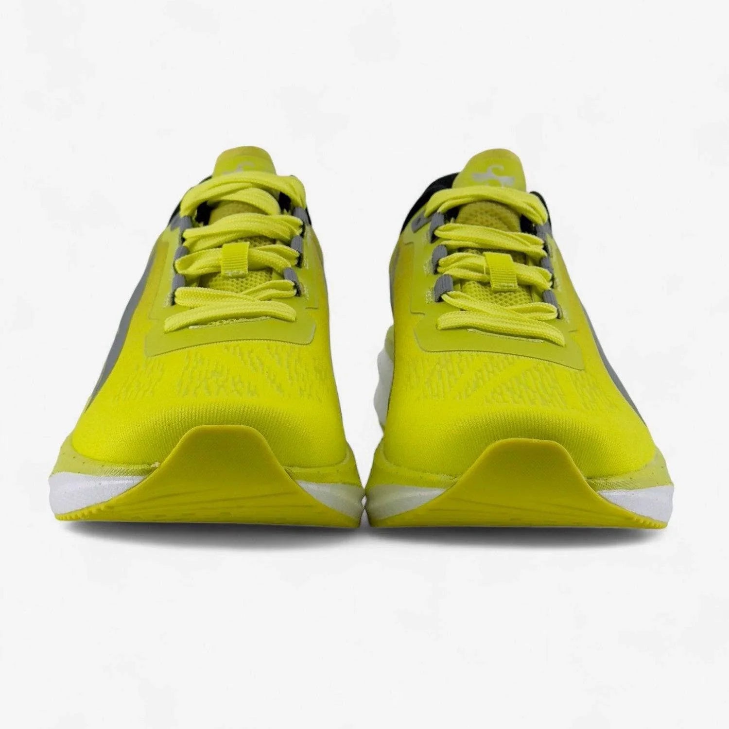 Yellow men's running shoes with white soles and mesh uppers, front view, on white background.