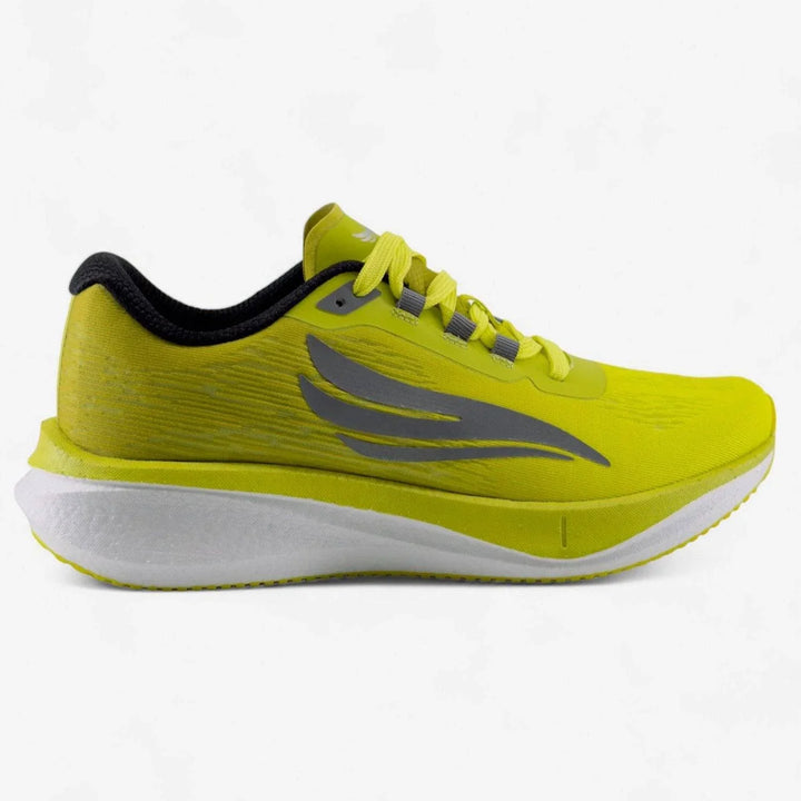 Yellow men's running shoe with gray accents, thick white sole, and lace-up design