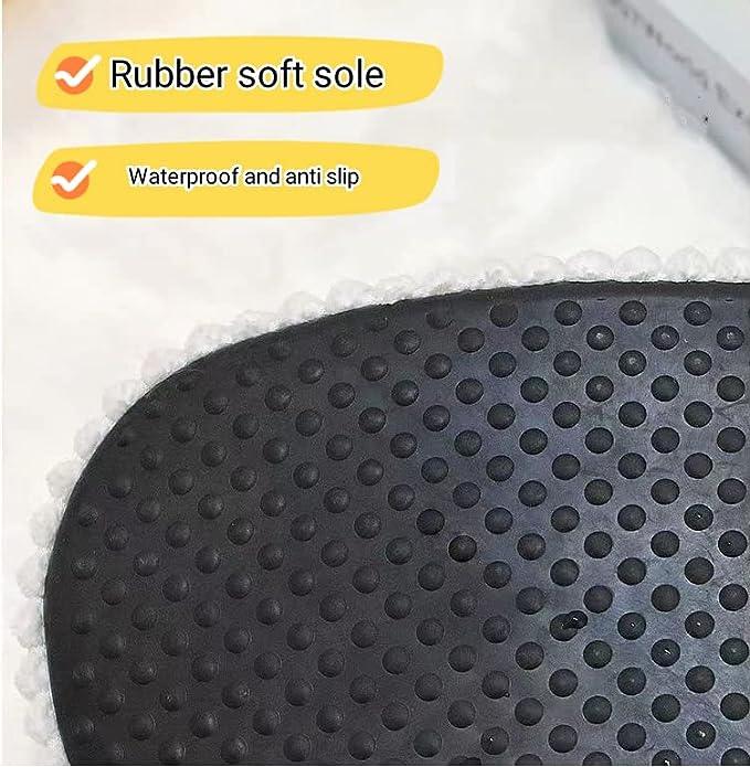 Textured black rubber sole of slipper with waterproof and anti-slip features highlighted.