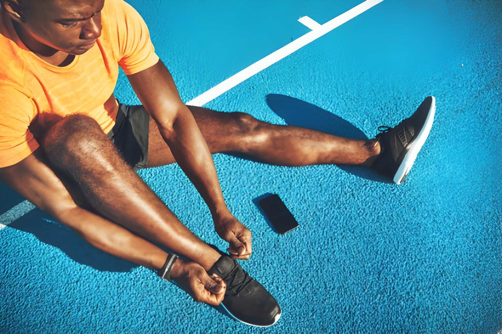 Person sitting on a blue surface tying their shoe